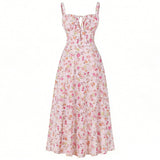 Purpdrank  Women's Floral Print Spaghetti Strap Maxi Dress Slim Fit Tie Front Ruched Vintage Boho Dresses Holiday Vacation Summer Sundress
