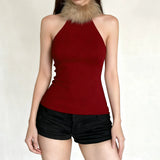 Purpdrank  Vintage Patchwork Fur Trim Collor Tank Tops Christmas Hollow Out Sleeveless Tanks Women Summer Fashion Streetwear Party