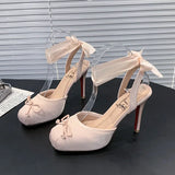 Purpdrank  Balck Stain Lace Up Ballet Shoes Girl Pink Square Toe Bow Tie Stiletto Heel Ankle Strap Slingback Elegant Summer Sexy Pumps