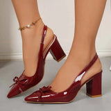 Purpdrank  Women's Sexy Burgundy Bow Pointed Toe Block Heel Shoes Elegant White Office Lady High Heels Slingback Pumps