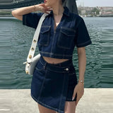 Purpdrank  Casual Solid Pocket Commuting Outfits Summer Women's V Neck Top with Shorts Two Piece Vintage Street High Waist Denim Suit