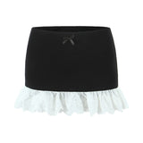 Purpdrank  Y2K Spliced Embroidery Lace Ruffles Hem Package Hips Mini Skirt Sexy Low Waist Short Skater Skirts With Shorts Lining Black