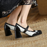 Purpdrank  New Patent Leather Mary Jane Women's Shoes LEISURE Buckle Shallow Pumps Square Toe Thick Heel Shoes Woman Zapatos De Mujer