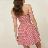 Purpdrank  Holiday Plaid Print Off Shoulder Mini Dress Retro Women Short Sleeve Low Waist Ruched Hem Ball Gown Swing Mini Robe Party