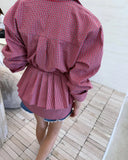 Purpdrank  Vintage Plaid Shirts Women Harajuku Pleated Patchwork Blouses Ladies Streetwear Korean Bandage Long Sleeve Casual Design Tops