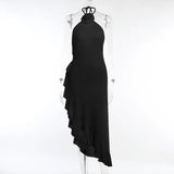 Purpdrank  Stereoscopic Flower Neck Slim Summer Dress Sexy Off Shoulder Pleat Split Long Dress Fashion Irregular Lotus Leaf Edge Party Dres