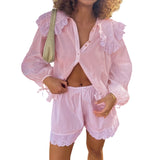 Purpdrank  Women Ruffles Set Long Puff Sleeve Babydoll Blouse Shirt Coquette Eyelet Shorts Set 2 Piece Outfit 90s Vintage Y2k Streetwear