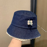 Purpdrank  Women Girls Denim Bucket Hats Spring Summer Wide Brim White Lace Trim Sun Protection Cap for Outdoor Beach Fashion Fisherman Hat