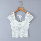 Purpdrank  Sexy White See Through Lace Bra Chest Tank Tops Women Short Sleeve Perspective Hollow Out Push up Back Crop Tank Girl Tee