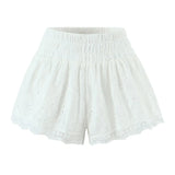 Purpdrank  Ballet Girl White Embroidery Hollow Out hole Spliced Lace Shorts Women Holiday Elastic Waist Short Pants With Linging