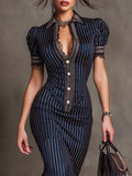 Purpdrank  Women's Striped Mermaid Maxi Dress Lapel Collar Short Sleeve Button Slim Fit High Waist Ruffle Elegant Office Party Long Dresses