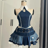 Purpdrank  Summer Spicy Girl Vintage 2 Piece Sets Y2k Lace Splice Sleeveless Tops + Irregular Mini Skirt Female Punk Style Design Outfits