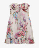 Purpdrank  Ruched Chest Floral Print Strapless Mini Chiffon Dress Women Ruffles Hem Elastic Bandage Backless Holiday Dresses Robe
