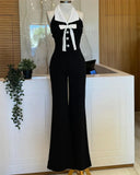 Purpdrank  Sexy Halter Backless Wide Leg Jumpsuit Women Sleeveless Bow Tie Diamonds Button High Waist Romper One Piece Overalls Combinaison