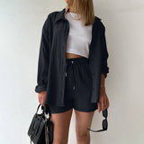 Purpdrank  Summer Cotton Linen High Waist Shirt Shorts Women Turn Down Collar Long Sleeve Tops and Shorts Suit Cotton Casual Two Piece Sets