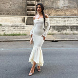 Purpdrank  Off The Shoulder White Knitted Pleated Long Sleeve Fishtail Maxi Dress Elegant Party Dresses Woman Fall Clothes