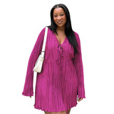 Purpdrank   Dresses for Women Summer Long Sleeve V-neck Pleated Mini Dress