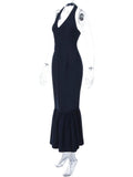 Purpdrank  Elegant Navy Blue Halter Mermaid Long Dress Women Sexy Deep V Front Sleeveless Backless Slim Bodycon Evening Party Gown