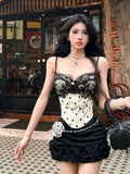 Purpdrank  Black Sexy Women Summer 2 Piece Set Lace Patchwork Chic Tops + Rose Mini Skirt Harajuku Club Party High Street Retro Outfits New