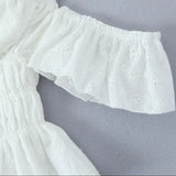Purpdrank  Stylish White Embroidery Hollow Out Flower Slash Shoulder Short Sleeve Tank Top Women Elastic Waist Ruffles Hem Crop Tops