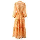 Elegant Senior Midi Dress Summer Spring New Fashion Design Women Runway Lantern Sleeve Vintage Flower Print Orange Belt Lace