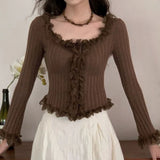 Purpdrank  Women's Ruffled Sweater Long Sleeve Slim Fit Rib Knit Top Pullover Jumper Ladies Fairycore Coquette Y2K Gyaru Shoujo Girl Outfit