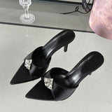 Purpdrank  Summer Fashion Crystal Buckle Satin Women Slippers Slip On Ladies Sandals Thin High Heels Mules Outdoor Dress Slides Shoes