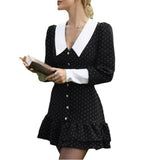 Purpdrank  Romantic Sweet College Style Fashion Color Matching Lapel Retro Button Polka Dot A Word Dress Women's Clothing Niche Temperament