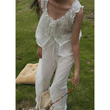 Purpdrank  100% Cotton Embroidered Fairy Pajama Set Retro French All Cotton Summer Thin Edition sleepwear women Sleeveless pants