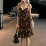 Purpdrank  Sexy Coffee Polka Dot Chiffon Lacing up Backless Camisole Tank Top + Zipper Low Waist Knee Length Mermaid Skirt 2 Pieces 1 Set