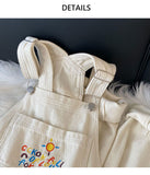 Purpdrank - Fashion Embroidery White Denim Overalls Women Straps Pants High Waist Wide Leg Pants Casual Loose Female Jumpsuit Jeans New