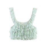 Purpdrank  Creamy Lace Ruffled Layered Strappy Top Women Blouses Vintage Sleeveless O Neck Cropped Camisole Boho Beach Sheer Tanks Tops