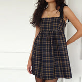 Purpdrank  Women Fashion Vintage Plaid Print Summer A-Line Party Dress Backless Tie up Strap Bodydoll Mini Dress