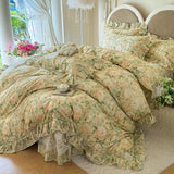 Purpdrank  100% Cotton Korean Princess Style Flowers Prints Lace Ruffles Bedding Set Duvet Cover 1.2M/1.5M/1.8M/2M Bed Skirt Pillowcases