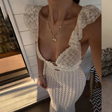 Purpdrank  Party Dress Women Summer Solid Color Deep V Neck Ruffle Sleeve Backless Knitted Bodycon Dresses Sexy Cocktail Dresses