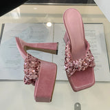 Purpdrank  Street Women Sexy Square Toe Super High Heels Modern Slippers Fish Scales Pleated Narrow Band Platform Sandal Female Shoes