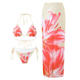 Purpdrank  Sexy Bikini Three-Piece Set Print Vacation Skirt Separate Long Skirt Beach Tie Summer Swimwear Polyester Fabric with Chest Pad