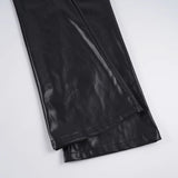 Purpdrank  Basic Solid Pu Leather Flare Pants Casual Slim Folds Low-Waisted Wide Leg Pants Women Autumn Spring Streetwear Office Lady