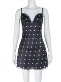 Purpdrank  Women's Sexy Polka Dot Satin Slip Mini Dress Spaghetti Strap Lace Trim Bodycon Cami Dress