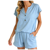 Purpdrank  Women Solid Color Two Piece Set V Neck Half Button Short Sleeve Top And High Waist Shorts With Pockets Soft Casual Office Suits