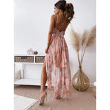 Purpdrank  Elegant Women Floral Print Corset Bohemian Dress Sexy Chiffon Loose Strap V Neck Halter Ruffle Vacation Beach Long Dress