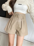 Autumn Winter Women's Faux PU Leather Shorts with Belted New High Waist Ladies Elegant Short Trousers Pocket Female