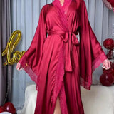 Purpdrank  New Satin Pajamas Women's Lace Light Luxury Long-sleeved Cool Nightgown Bathrobe Home Wear Women's