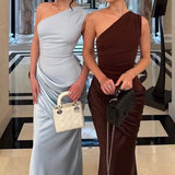 Purpdrank  Sexy Slanted Collar Backless Evening Dress Elegant Patchwork Satin Solid Long Dress Women Fashion Sleeveless Slim Bodycon Dress