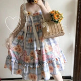 Purpdrank  Japanese Harajuku High Street All Macth Casual Sling Dresses Fashion Sweet Flower Print Plaid A-line Puffly Clothes Summer Dress