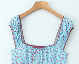 Purpdrank  Sexy Mesh Blue Fruit Print Elastic Strap Short Sleeve Dress Bow Square Collar Mini Tank Dresses Slim Fit Woman Robe