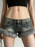 Purpdrank  Punk Rock Fuzzy Trim Denim Shorts American Retro Studded Low Waist Side Lace-up Hot Pants for Women Y2K Fashion Streetwear
