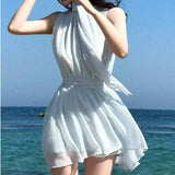 Purpdrank  Summer Bohemian Chiffon Women's Long T-shirts Sashes 2025 New Sleeveless Casual Loose Shirts Halter Slim Tops Female
