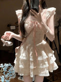 Purpdrank  Summer Sweet Floral Mini Dress Women Casual Kawaii Lace Bow Square Neck Dress Y2k Elegant Chic Evening Party Dress New