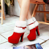 Purpdrank - Winter Women Ankle Boots Christmas High Heels Platform Shoes Femme Warm Fur Short Boots Red Black Ladies Party Shoes Plus Size